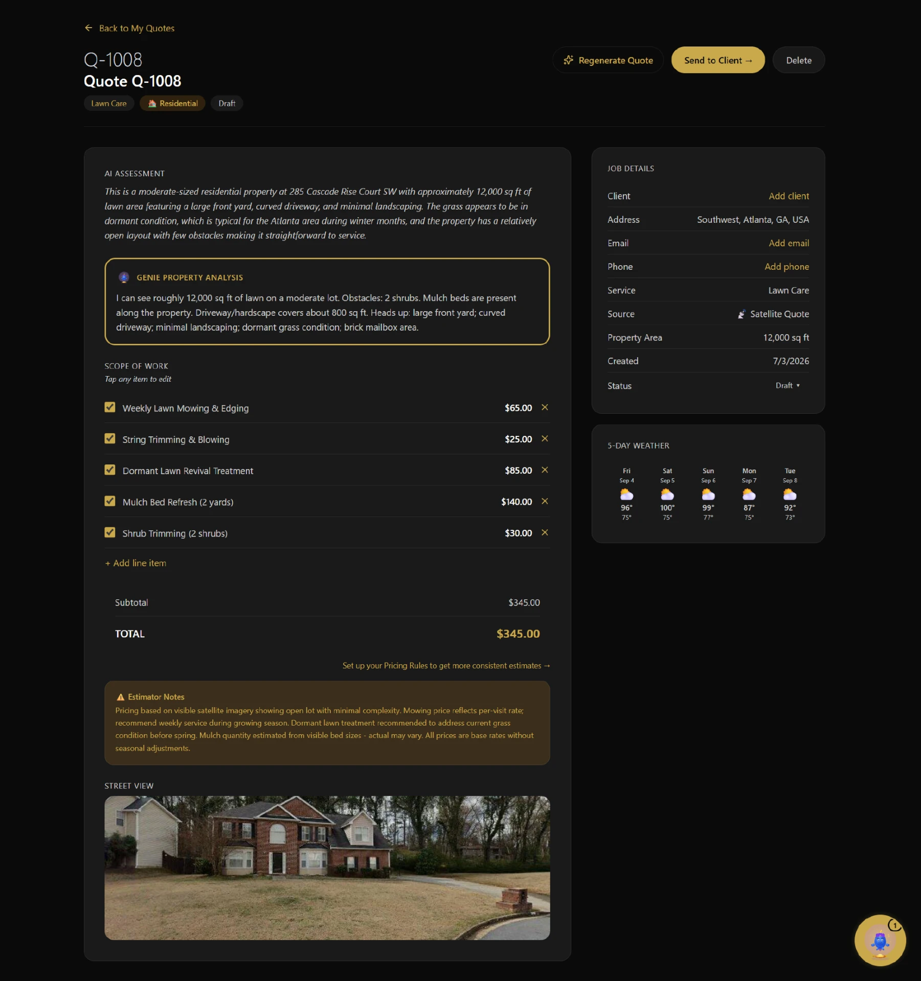 Satellite view used to generate a remote quote