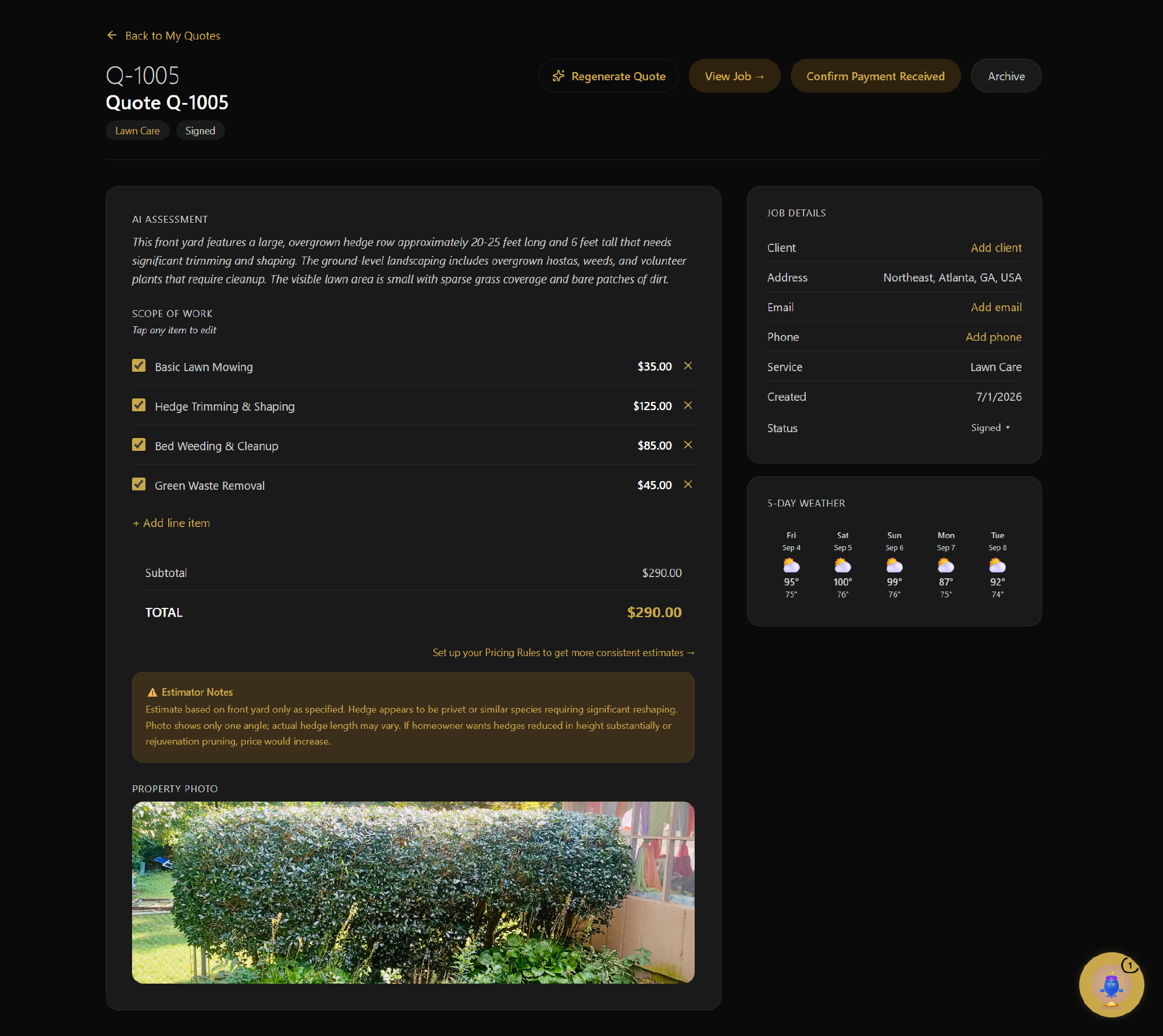Signed lawncare quote with View Job and Confirm Payment Received actions