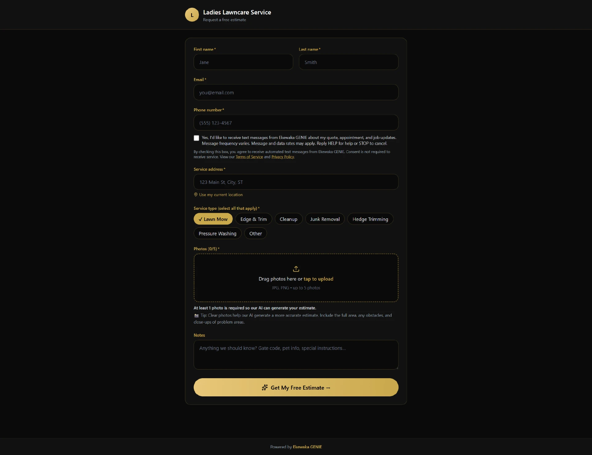 Branded client quote request form powered by Ekewaka GENIE